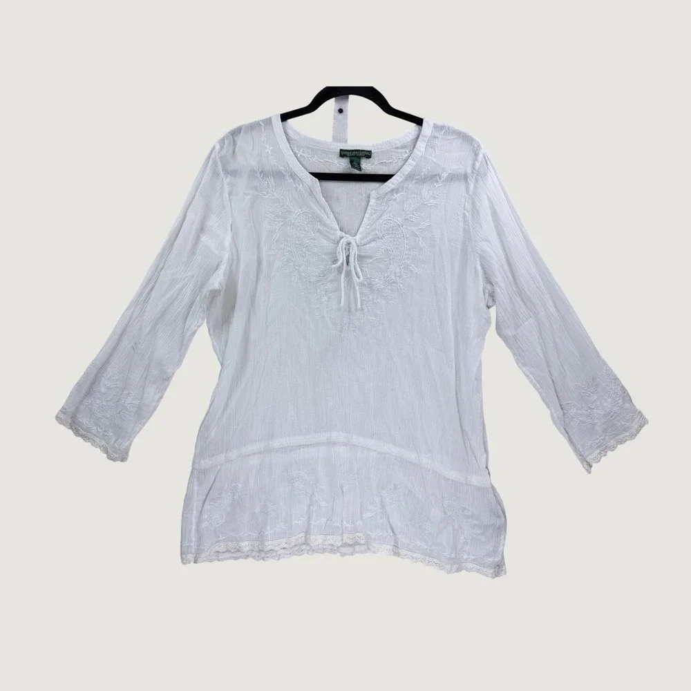 Lauren Ralph Lauren Peasant Blouse Womens L White Embroidered Cotton - Picture 2 of 10